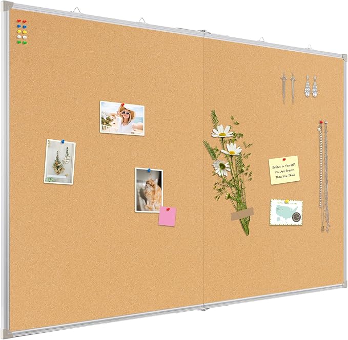 AMUSIGHT Double-Sided Large Cork Board, 48" x 36" Foldable Hanging Aluminum Framed Bulletin Board, Vision Board Pin Board Corkboards for Walls, Office, School Decor, 20 Pushpins