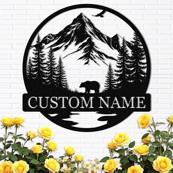 Dyoart Personalized Bear Metal Cabin Sign | Custom Signs Outdoor Metal | Cabin Decor | Family Sign | Rustic Cabin Bear Sign | Gifts for Hunters | Metal Art Wall Decor for Living Room Bedroom