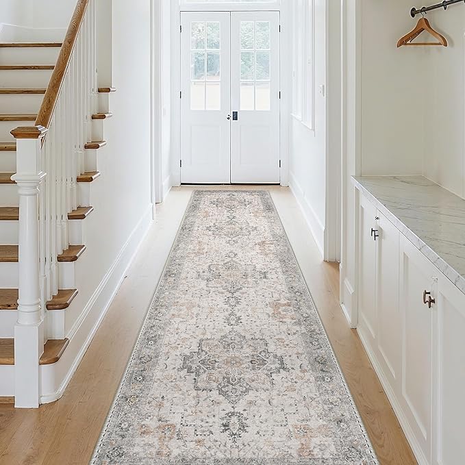 GENIMO Runner Rug 2'6''x8, Non Slip Vintage Hallway Runner Rugs, Low Pile Lightweight Machine Washable Mat for Hallway, Entryway, Bedroom, Kitchen and Corridor, Light Taupe Brown