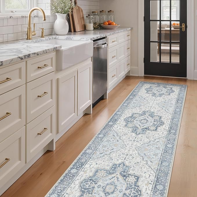 GENIMO Runner Rug 2'6"x8 Machine Washable Non Slip Vintage Hallway Runner Rug, Low Pile Lightweight Rugs for Indoor Entryway, Hallway, Kitchen and Corridor, Light Blue