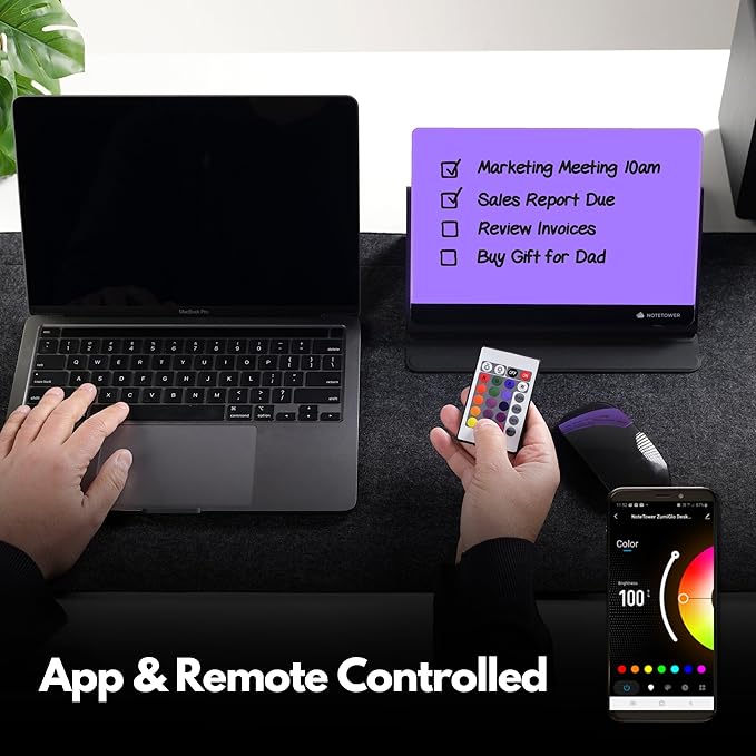 Note Tower LED Color Changing Desktop Whiteboard with Premium PU Leather Stand | Mood Enhancing & Productivity Boosting Dry Erase Light Up Board for Desk | Office, Home, School | Remote & App Control