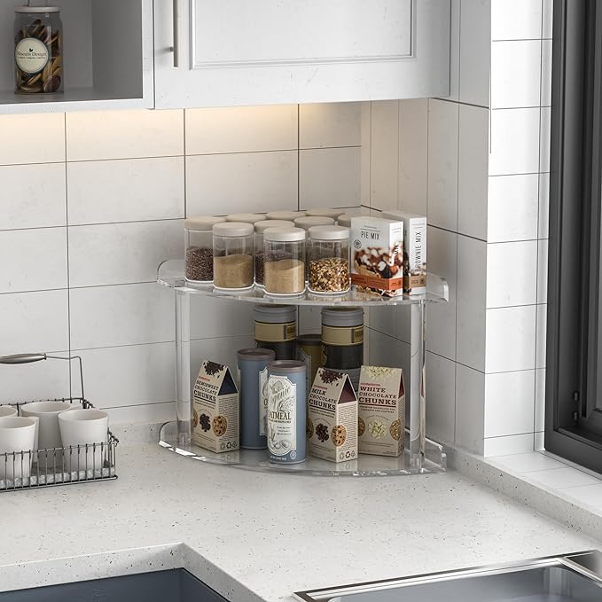 Sezanrpt 2 Tier Acrylic Corner Shelf Organizer Storage 9.5x9.5x8 Inch, Transparent Countertop Corner Shelf for Bathroom, Kitchen, Bedroom, Office, Study Room