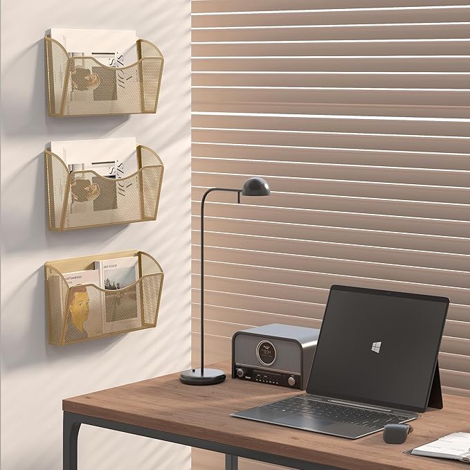 EasyPAG 3 Single Pocket Wall File Organizer, Mesh Hanging File Folder Organizer for Letter/A4 Size Folders, Wall Mounted Vertical Mail Holder for Paperwork, Office, Home, School, Gold
