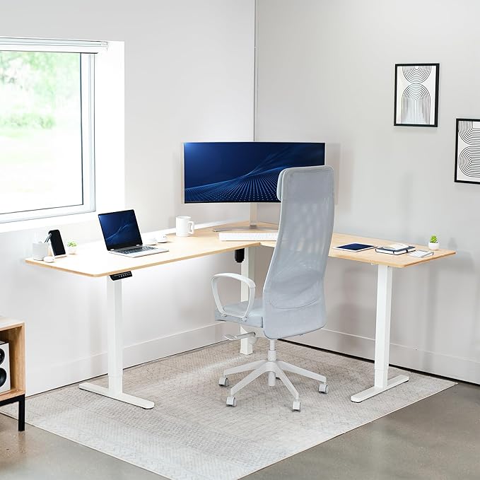 VIVO Electric Corner 75 x 63 inch L-Shaped Standing Desk, Memory Height Adjustment, Real Bamboo Top White Frame, DESK-E3CTWO-75