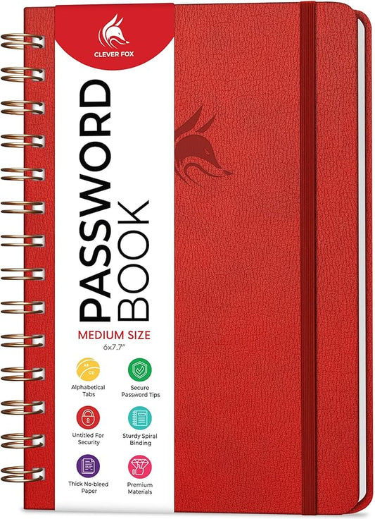 Clever Fox Password Book Spiral – Internet Address & Password Organizer with Laminated Alphabetical Tabs – Password Keeper Journal – Hardcover, Medium Size, 6.1x7.7” (Red)