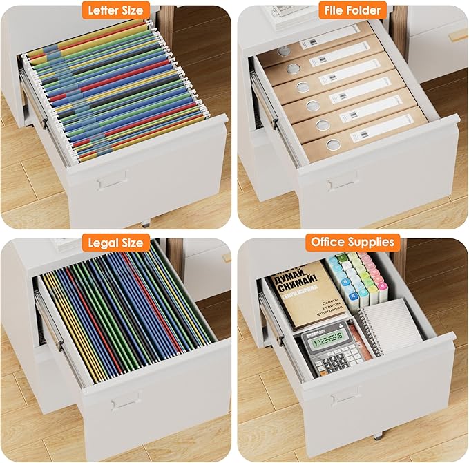 SUXXAN 2 Drawers Mobile File Cabinet, Metal Under Desk Cabinet with Lock, for Office & Home, Legal/Letter Size, W14.57”x D17.36”x H25.79”, Assembly Required(White)