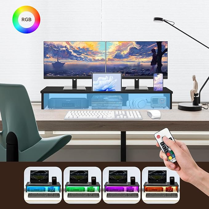 Qupui Dual Monitor Stand Riser with LED Lights and Phone Tablet Holder, 35.8in Large Monitor Stand for Desk, Computer Monitor Stand for 2 Monitors, Desktop Shelf Organizer for Laptop, Printer, TV