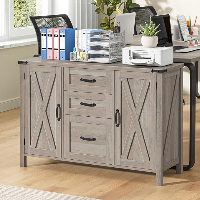 Vabches File Cabinet with 3 Drawers, Farmhouse Lateral File Cabinet Fits Files Letter/A4 Size, Wooden Filing Cabinet with Door and Adjustable Shelves Printer Stand for Home Office, Rustic Grey