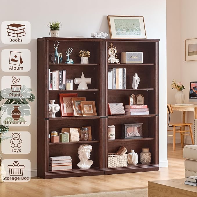 RWYHG 70" Walnut Tall Bookshelf Set of 4,5-Tier Thick Wooden Book Shelf with Adjustable Shelves,Free Standing Farmhouse Bookcase with Open Display Storage,Floor Vintage Bookshelves for Living Room