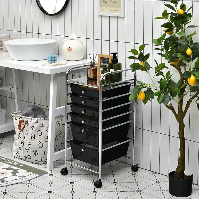RELAX4LIFE 6-Drawer Rolling Storage Cart - Classroom Organization on Wheels w/Removable Plastic Drawers, Mobile Art Craft Cart for School Paper Home Office, Utility Cart with Drawers (Black)