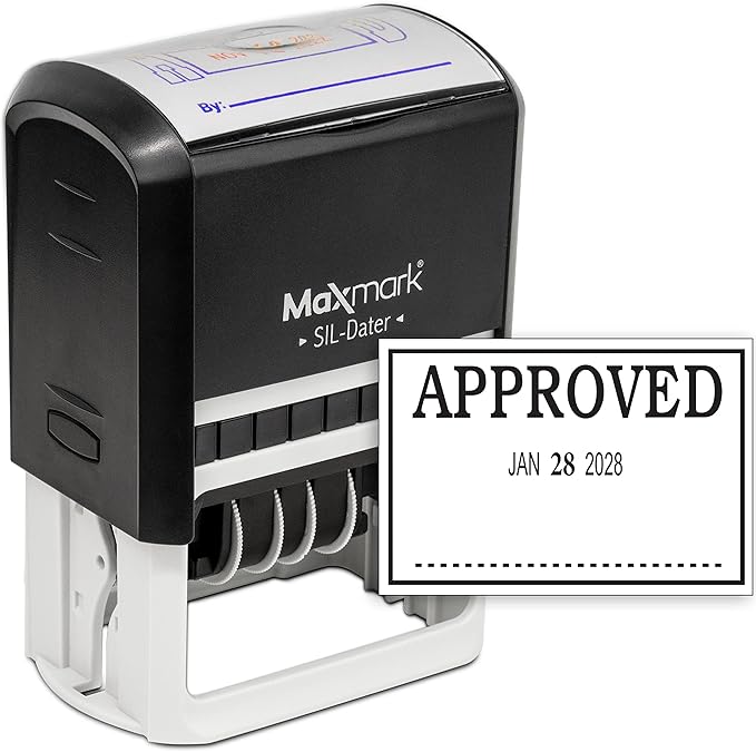MaxMark Large Self-Inking Rubber Date Office Stamp with Approved Phrase & Date - Black Ink, 12-Year Band - Style 3