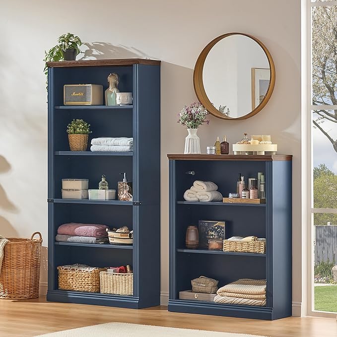 RWYHG 43" Blue Tall Bookshelf Set of 2,3-Tier Thick Wooden Book Shelf with Adjustable Shelves,Free Standing Farmhouse Bookcase with Open Display Storage,Floor Vintage Bookshelves for Living Room