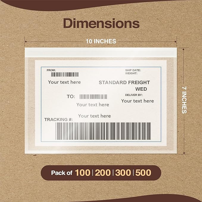 7x10 Shipping Label Sleeves 200 Pack- Strong Adhesive Back for Secure Package Labelling, Protects Documents with Packing Slip Pouches -Packing Sleeves for Mailing and Packaging -WaterProof and Durable