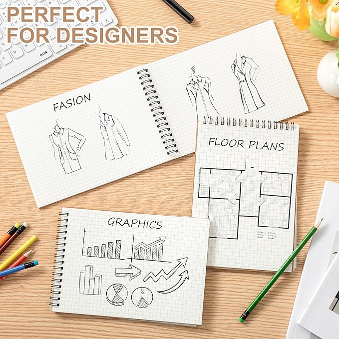 Engrowtic 6 Pack Graph Paper Spiral Notepad A5 Top Wirebound Notepad Grid Notebook Steno Pads Memo Notebook Grid Paper 140 Pages for Writing Sketching Drawing Office Supplies (Kraft)