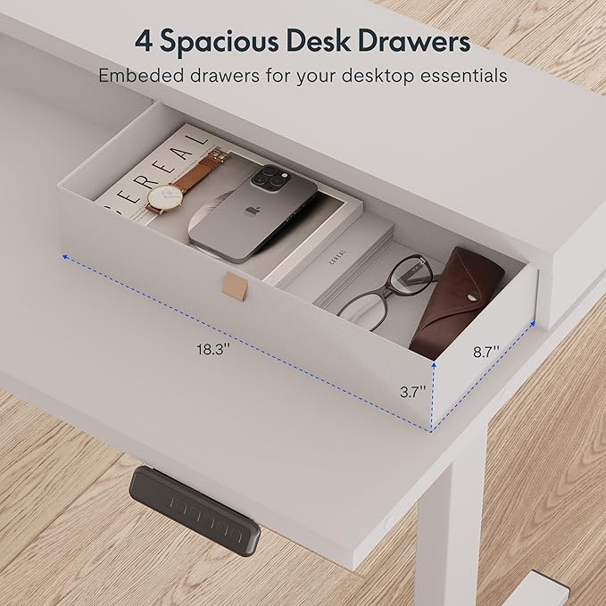 FLEXISPOT 63" L Shaped Standing Desk with Shelf Electric Corner Table, Drawers, Adjustable Computer Workstation for Home, Office,63x55in, White Top + White Frame