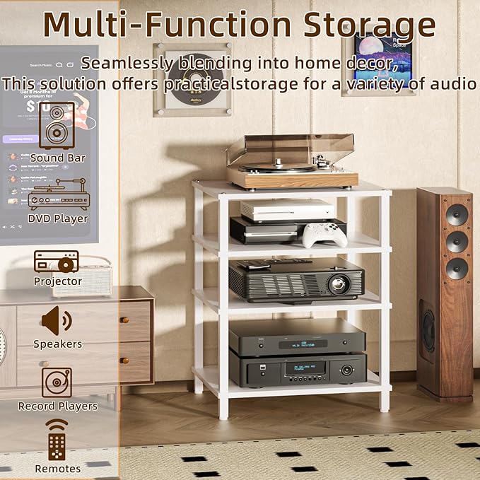 LELELINKY 4-Tier AV Media Player Stand, Stereo Stand, Modern Audio Shelf,Wooden TV Stand,Multifunctional Media Console Shelf, Suitable for Home, Conference Room, White