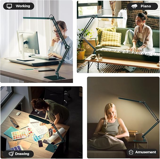 SKYLEO LED Desk Lamp with Slim Base - Adjustable Swing Arm Desk Light, Dimmable, Timer, Eye Protection, Memory Function, 1300LM, 12W, Green