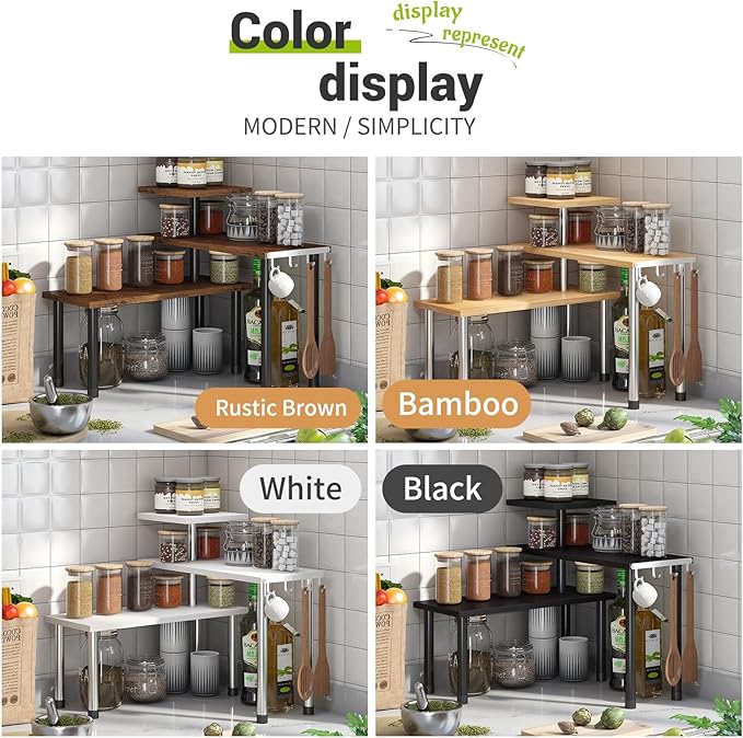 BMOSU Kitchen Corner Shelf Countertop Organizer with Hooks Adjustable Spice Rack Corner Display Rack Shelf Cabinet Counter Shelves(White)