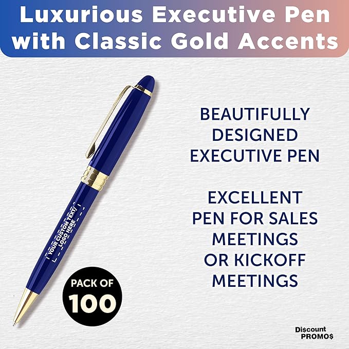 DISCOUNT PROMOS 100 Ultra Executive Pens Pack - Customizable Text, Logo - Twist To Write, Gold Accent - Blue