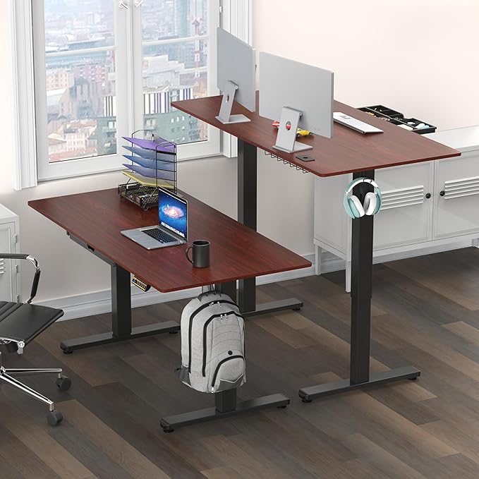 SHW 55 x 28 Inches Electric Height Adjustable Standing Desk with Drawer and Memory Preset, Cherry