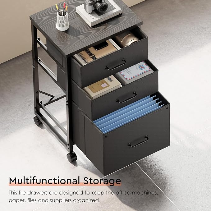 Maihail 3 Drawer Mobile File Cabinet with Wheels Fabric Vertical Filing Cabinet fits A4 or Letter Size for Home Office,Black