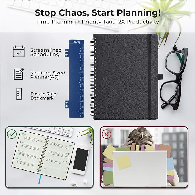 IN-LUXPRO Planner 2026 Daily Weekly and Monthly,8.5"x6.5",12 Months Spiral Bound Calendar Agenda with Self-adhesive Pen Holder,2026 Appointment Book with Vegan Leather Soft Cover,Black