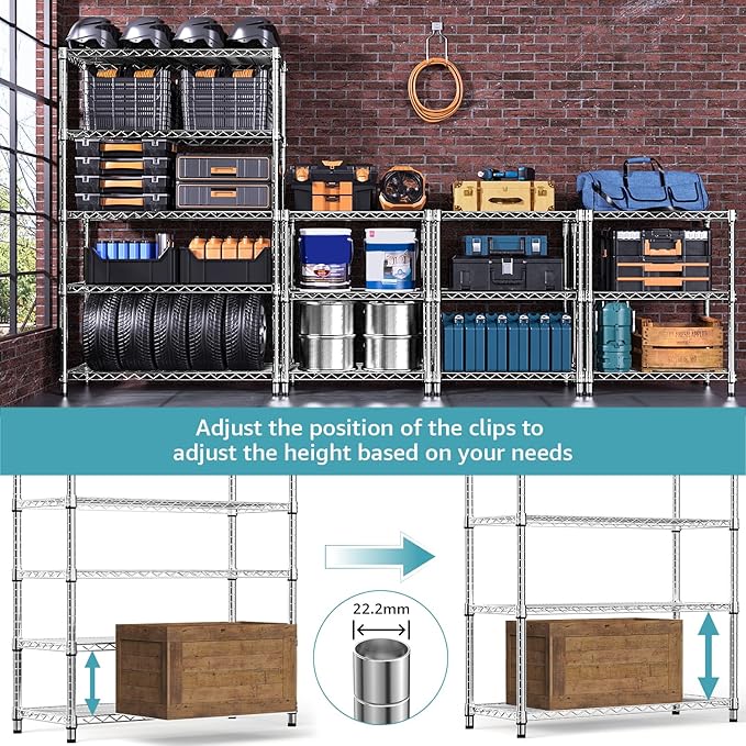 M MZG 1750 LBS Storage Shelves 5-Tier Utility Shelving Unit Steel Organizer Wire Rack for Home,Kitchen,Office,Garage, Capacity 17.7" D x 47.2" W x 72.3" H | Organizer Wire Rack, for Home, Kitchen, Office, Garage, 1750 LBS Capacity