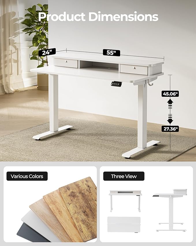 FEZIBO 55 x 24 Inch Height Adjustable Electric Standing Desk with Double Drawer, Stand up Home Office Computer Desk with 4 Height-Adjustable Feets & 2 Hooks, White