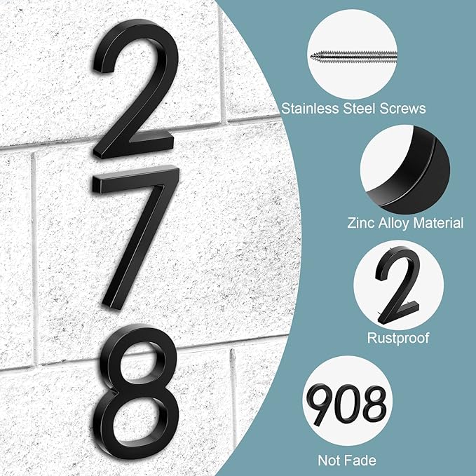 6" Floating Stainless Steel Address House Number, Modern Metal Anti-Rust House Numbers with Nail Kits for Door Garden Mailbox Decor Visibility Signage (3)
