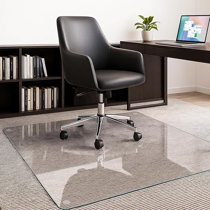 JAMBALAY 55″×46″ Tempered Glass Chair Mat, Heavy Duty Glass Office Floor Mat for Carpets and Wooden Floor, with 12 Anti-Slip Pads, Polished Edges and Round Corners, Easy Roll On, Thick 0.2″