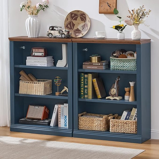 RWYHG 43" Blue Tall Bookshelf Set of 2,3-Tier Thick Wooden Book Shelf with Adjustable Shelves,Free Standing Farmhouse Bookcase with Open Display Storage,Floor Vintage Bookshelves for Living Room