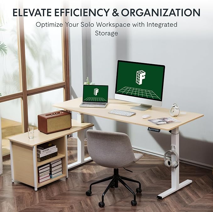 FLEXISPOT 55" L Shaped Standing Desk with Drawers and Shelves, Large Corner Stand Up Desk with Headphone Hooks for Home Office, Light Wood Grain Top+ White Frame