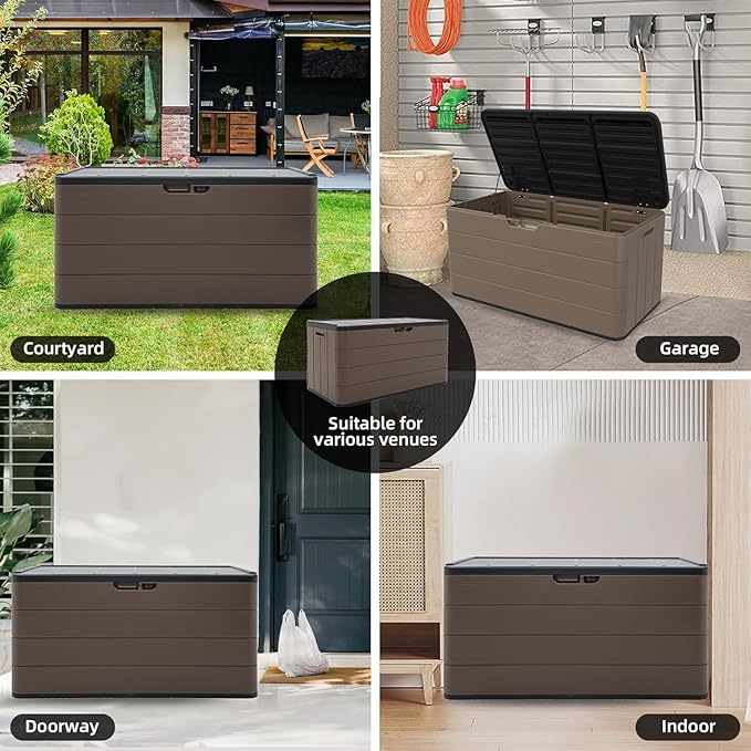 TARKARI Premium Pro Edition 100 Gallon Lockable Resin Deck Box, Waterproof & UV-Resistant Outdoor Storage Box for Outdoor Cushion Storage, Garden Tools & Pool Accessories Storage, Brown