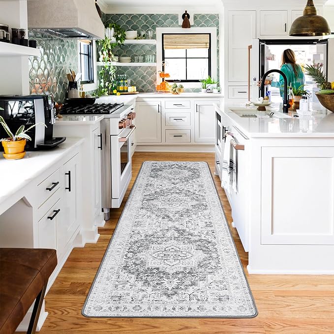 GENIMO 2x10 Runner Rugs for Hallway, Machine Washable Non Slip Vintage Rugs, Low Pile Lightweight Soft Print Rug for enrtyway, Corridor, Home, Office, Kitchen, Gray