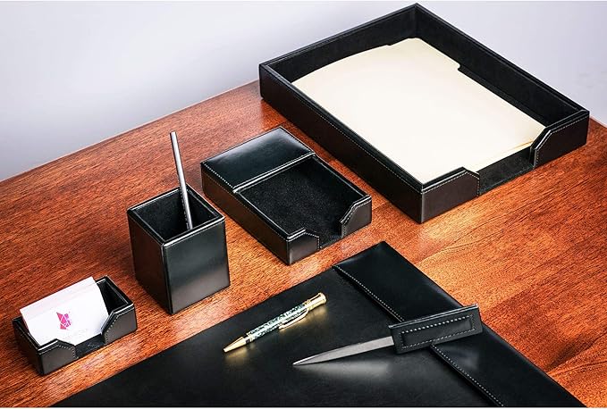 DACASSO Bonded Leather Desk Set - Luxury Leather Desk Pad & Desk Organization Essentials (Black, 6 Piece)