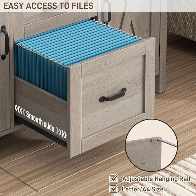 Vabches File Cabinet with 3 Drawers, Farmhouse Lateral File Cabinet Fits Files Letter/A4 Size, Wooden Filing Cabinet with Door and Adjustable Shelves Printer Stand for Home Office, Rustic Grey