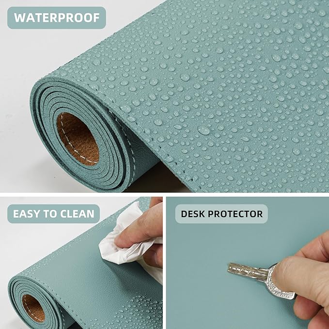 AFIING Dual-Sided Desk Pad, Natural Cork & PU Leather Large Mouse mats for Office and Home Work, Desk Protector Non-Slip, Waterproof, Easy Clean (Light Blue, 23.6" x 13.7")