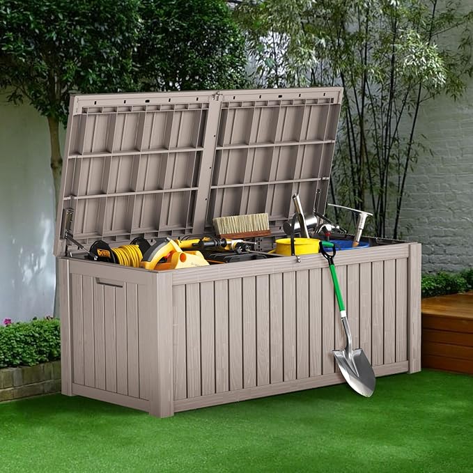 Decksplore 180 Gallon Outdoor Storage Box Waterproof Lockable Resin Deck Box Large, Patio Storage Bin for Pool Accessories Cushion Furniture, Garden Tools, UV-Resistant Outside Delivery Grey