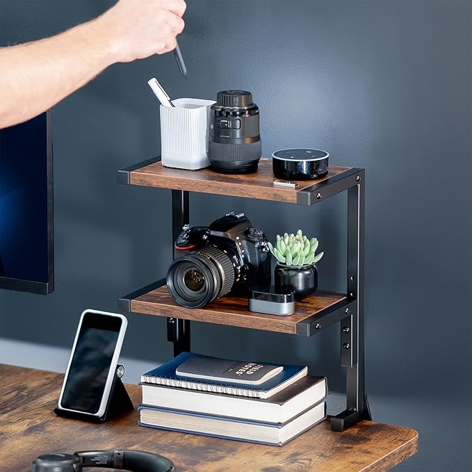 VIVO Clamp-on 13 inch Above or Below Desk 2-Tier Shelving Unit for Table Accessories, Gaming Devices, and More, Storage Tray, Desktop Organizer, Rustic Vintage Brown, STAND-SHELF2C-N