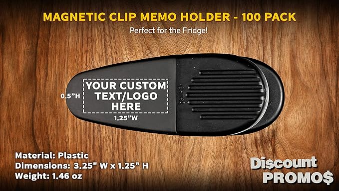 100 Magnetic Memo Holders Set - Customizable Text, Logo - Large Clip, Plastic - Black