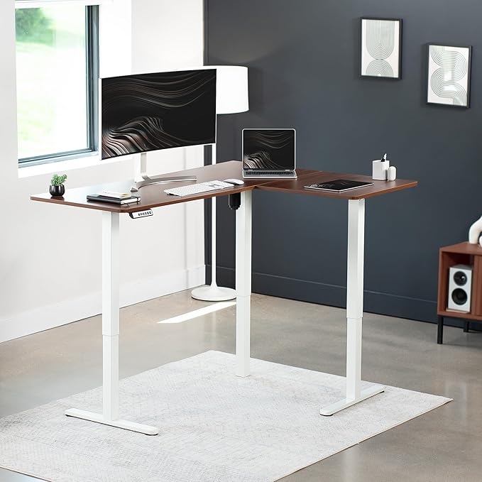 VIVO Electric Corner 63 x 47 inch L-Shaped Standing Desk, Memory Height Adjustment, Dark Walnut Top White Frame, DESK-E3CTWD-47