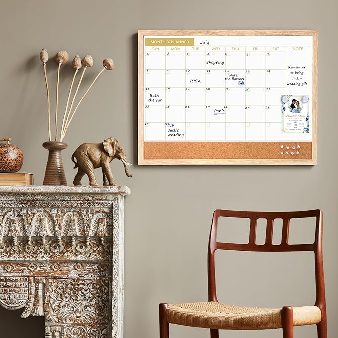 ARCOBIS Calendar Whiteboard with Cork Board, 24"x18" Wood Frame Dry Erase Calendar for Wall, Magnetic Monthly Combination Board for Home, Office, School, Kitchen, Beige