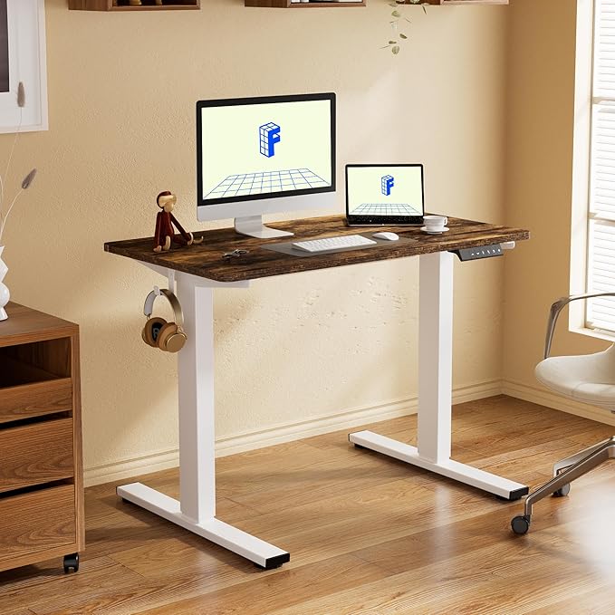 FLEXISPOT EN1 One-Piece Standing Desk with 1-Inch Thick Seamless Desktop, 48"x24" Electric Height Adjustable Desk for Home Office, Multi-Monitor Setups & Easy Assembly, Rustic Brown