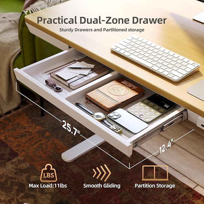 Claiks Bamboo Standing Desk with Drawers, 48×24 Inch Adjustable Stand Up Desks, Quick Install Computer Desk with USB and TapeC Ports, Bamboo