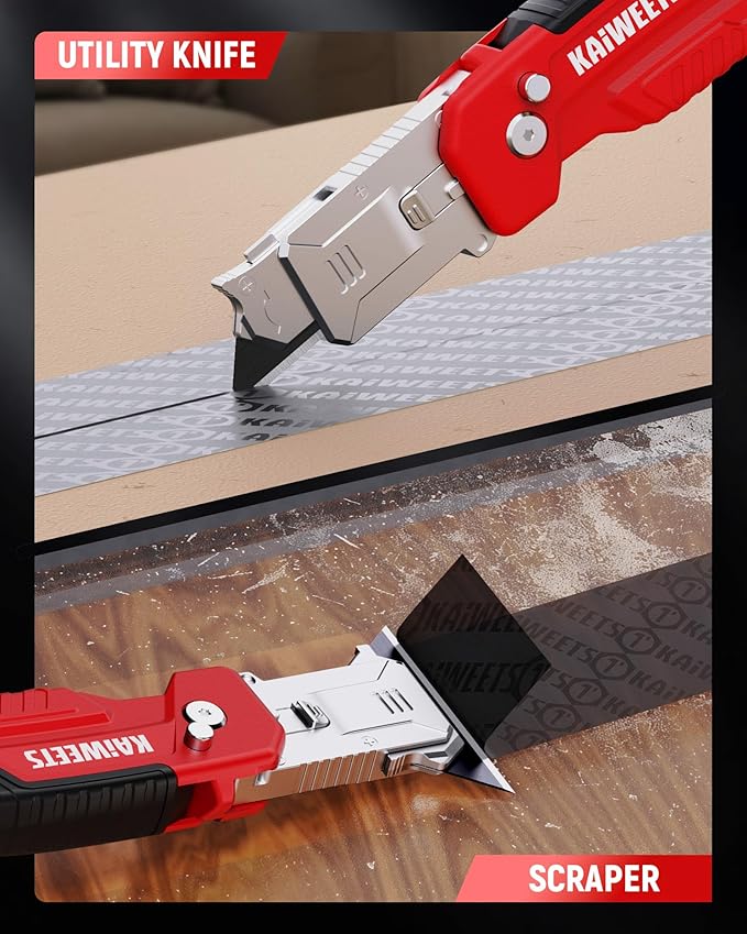 KAIWEETS Utility Knife Scraper, 2-in-1 Folding Box Cutter with Blade Storage, Heavy Duty Zinc Alloy Body, Retractable Design, 12pcs SK2 Black Blades replacement, EDC Tool for Home, Office, DIY– Red