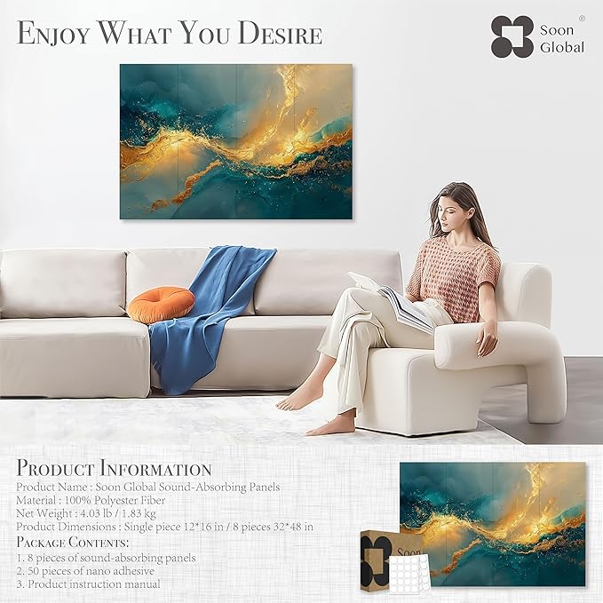 Soon Global Acoustical Wall Panels, 48 X 32 Inches Art Acoustic Panels, Decorative Acoustic Panels, Acoustic Wall Panels, Sound Absorbing Wall Art, Oceanic Gleam