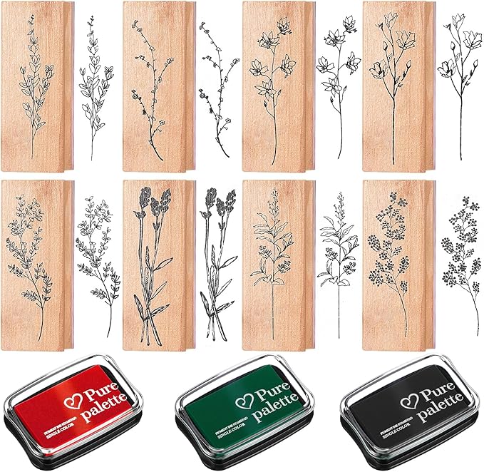 Tenare 8 Pieces Vintage Rubber Stamps Decorative with 3 Colors Ink Pad Wooden Plant Flower Stamps Set for DIY Craft, Scrapbook, Letters Diary and Card Making