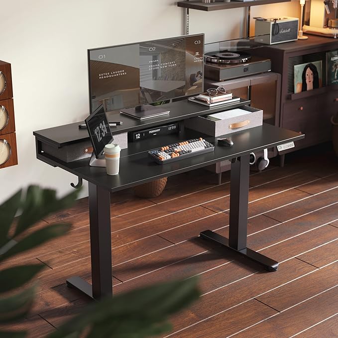 Claiks Electric Standing Desk with 2 Drawers, Adjustable Standing Desks with Storage, Height Adjustable Stand up Desk for Home Office with 2 Hooks,48 Inch Black