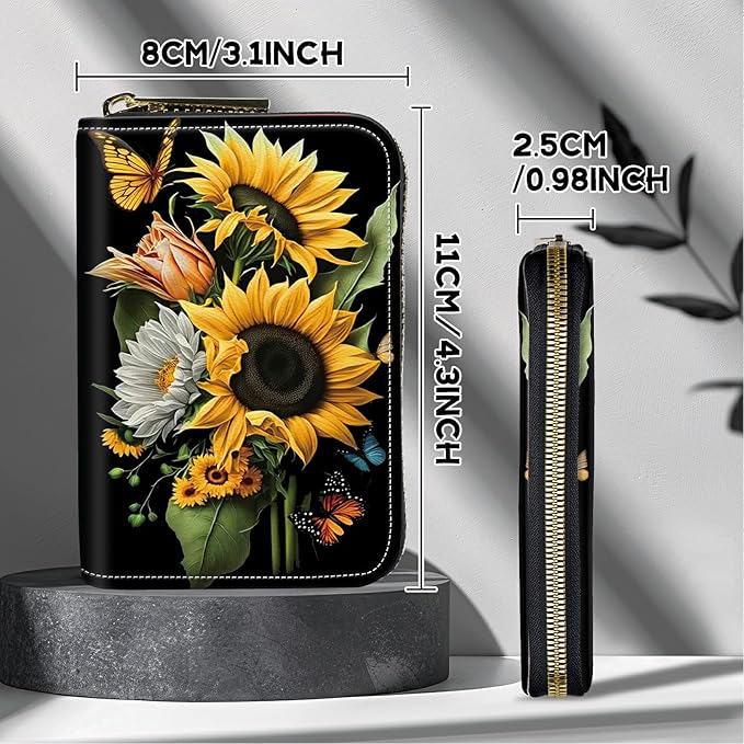 BWEGRHE Cute Credit Card Holder with Zipper, Sunflowers Butterfly RFID-Blocking Card Case Small Wallet for Women Men, Multi-slot Card Organizer Case Travel Accordion Wallet