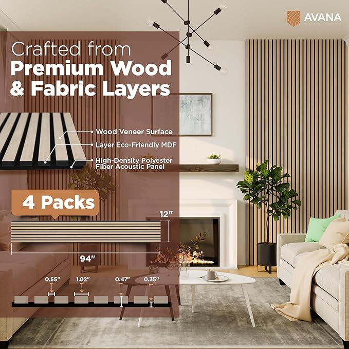 Avana Acoustic Wood Wall Panels – 94.4 x 12.6 Inch White Oak Acoustic Panels 4 PCs – Wall Panels For Interior Wall Decor for Homes, Offices, Studios – Pleasing Design Wood Panels For Wall
